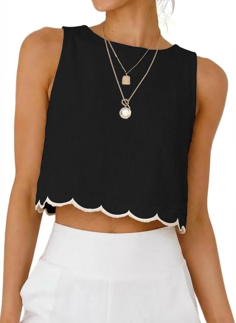IDEALSANXUN Womens High Neck Linen Tank Tops Spring Summer Scallop Hem Cropped Sleeveless Shirts Blouses (Black, XL)