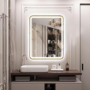 Rectangle LED Bathroom Mirror, 36"x28" Anti-Fog Double Touch Lighted Wall Vanity Mirror 45 Beveled Metal Frame Stepless Adjustable Color Temperature Smart Mirror 3000K-6000K, Gold
