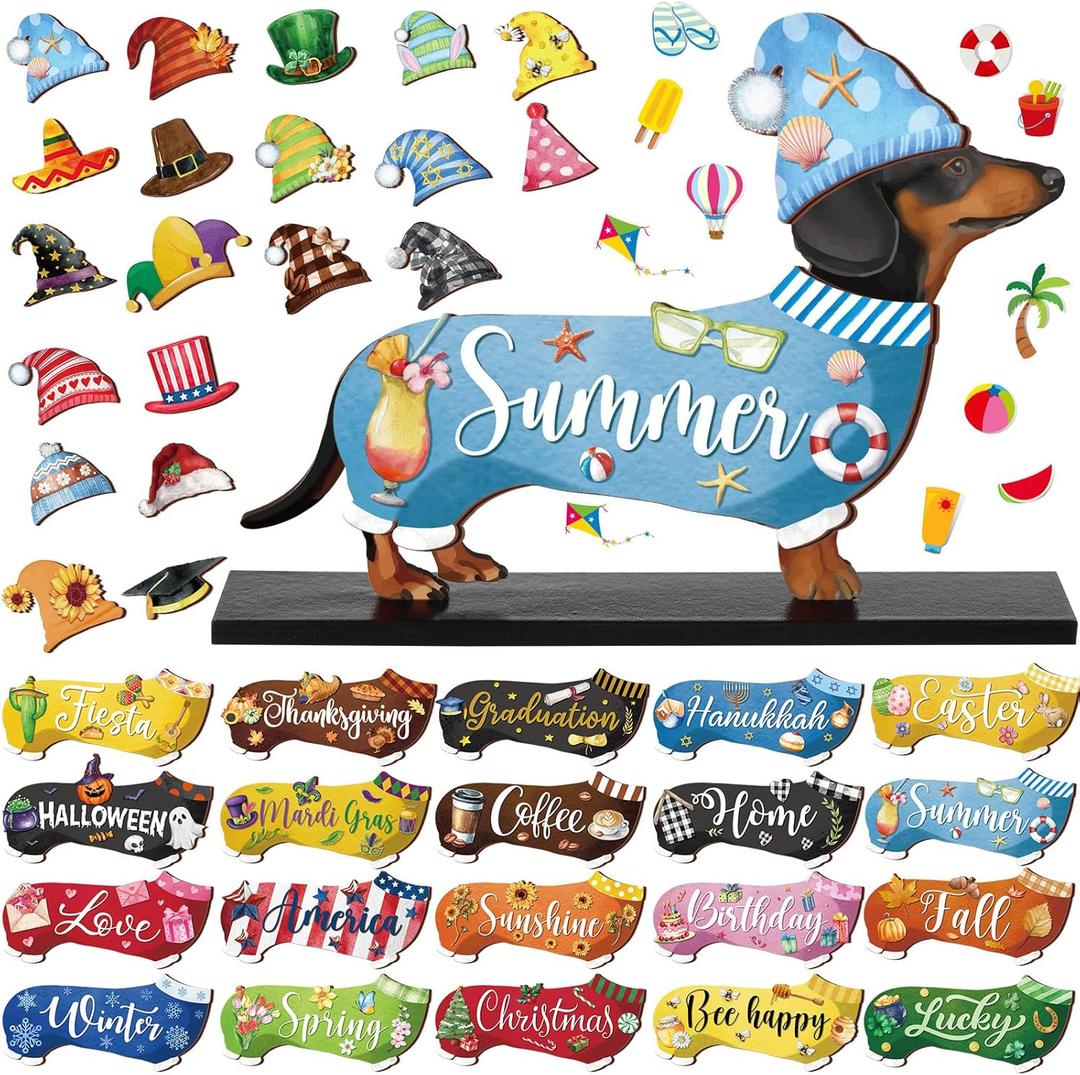42 Pcs Interchangeable Summer Dachshund Holiday Wiener Dog Decor Seasonal Welcome Sign Tier Tray Decoration Ornament Farmhouse Wood Home Office Desk Accessories for Women Pet Lover Gift