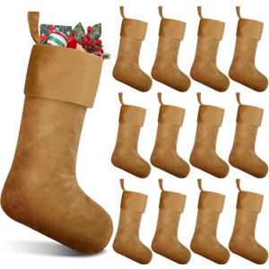 12 Pcs Velvet Christmas Stocking 18 Inch Bulk Rustic Soft Hanging Stockings Christmas Decoration for Xmas Holiday Family Party Tree Fireplace Classic Ornaments(Khaki)