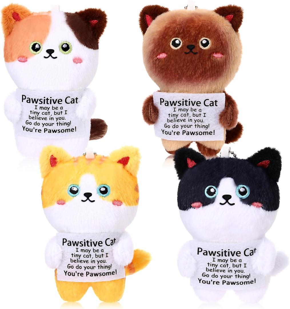 4 Pcs Positive Cat with Inspirational Card Stuffed Animals Plush Toy Emotional Gift for Women Men Employee Coworker Desk Decor Easter Basket Stuffer Gift for Cat Lovers