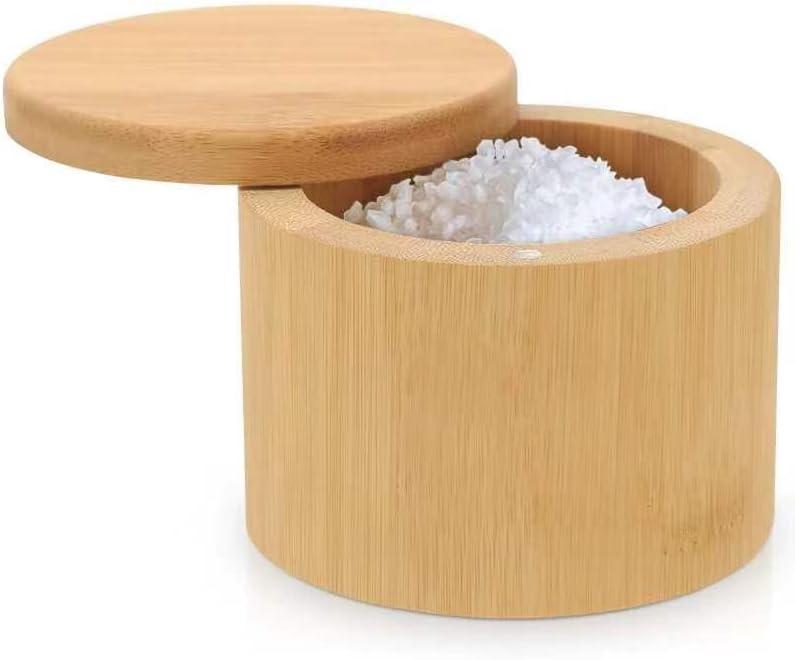 Salt Cellar, Bamboo Salt Container with Lid, Solid Salt Box Holder with 360 Swivel Lid for Countertop to Store Pepper Spice, Elegant Flaky Salt Containers Bowl on Your Kitchen, 6OZ