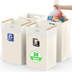 30 Gallon Disposable Trash Cans with Built-in Handles, 4 Pack Extra Large Portable Trash Can, Waterproof Layer Reusable Garbage Can, Recycling Bins, Extra-Thick Recycled Cardboard, Perfect for Parties (White)