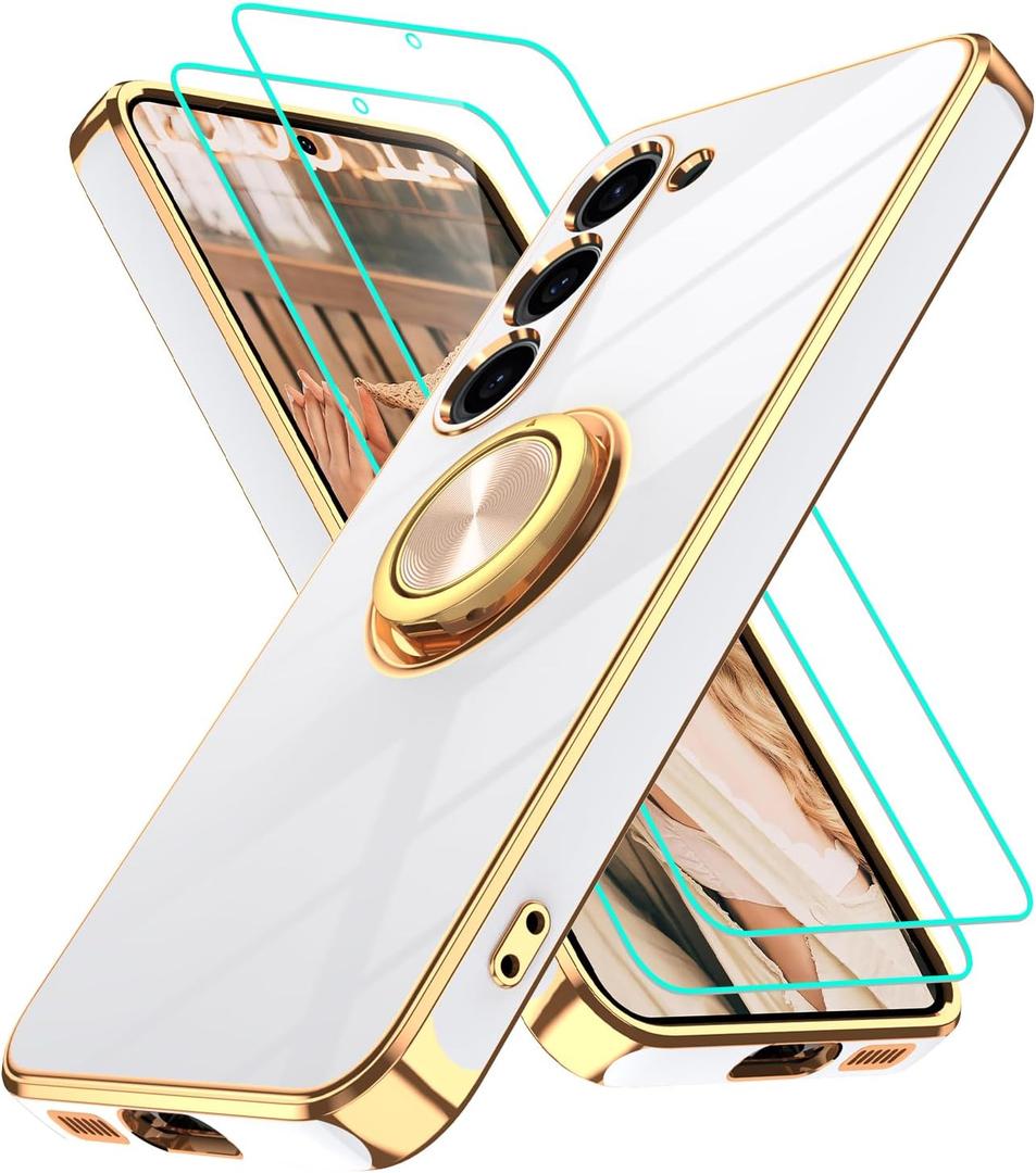 Gritup for Samsung Galaxy S23 Case: with 2Pcs Screen Protector, 360 Rotation Ring Holder Magnetic Kickstand, Plating Gold Edge Soft TPU Shockproof Protective Cover for Galaxy S23, White