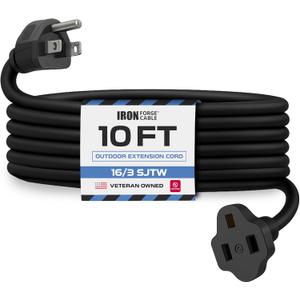 Iron Forge Cable 10 Ft Black Extension Cord, 16/3, 10 Foot Extension Cord, 3 Prong, Weatherproof - Great for Outside Use
