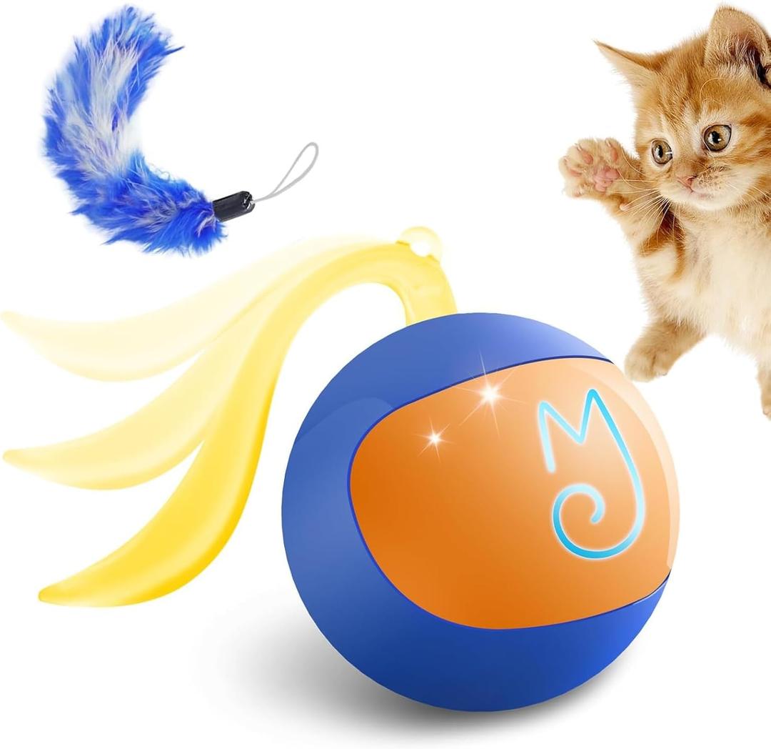 Migipaws 2-in-1 Interactive Cat Toy Ball  Paw Friendly Kicking Chasing Ball with Bonus Fluffy Tail for Indoor Cats Random Rolling Auto Escape Corners Tangle-Free Quiet USB Rechargeable (Blue)