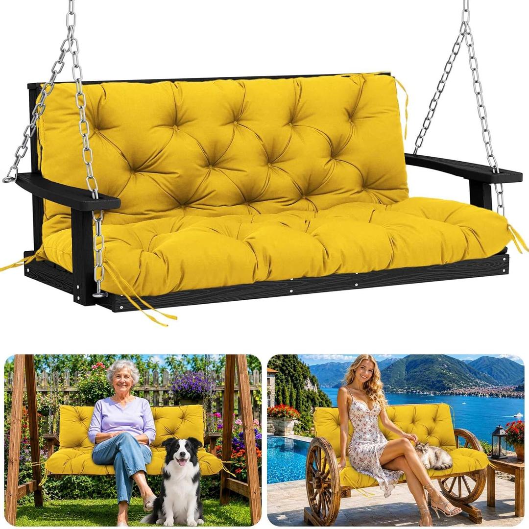 Porch Swing Cushions 40 inch Waterproof & Fade Resistant Thicken 5" Outdoor Swing Cushions 2 Seater Replacement with Backrest & Ties Patio Swing Cushions for Outdoor Furniture (Yellow)