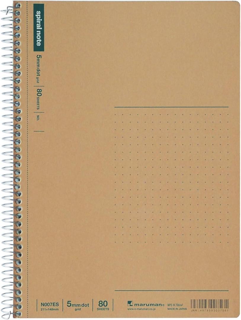 Maruman Spiral Note Basic Dot Grid Notebook- A5, 5.83" x 8.27", 80 Sheets / 160 Pages, 5mm Dotted Journal, Perforated Pages & Wire-Bound to Lay Flat, Sturdy Kraft Cover, Made in Japan