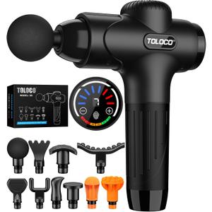 TOLOCO Massage Gun Deep Tissue, Percussion Massage Gun with 10 Replacement Heads, Super Quiet Portable Electric Massager for Athletes, Relax, Black