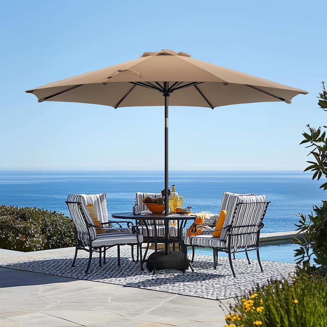 wikiwiki 9FT Patio Umbrella with Base, Outdoor Umbrellas with Base Included, 8 Sturdy Ribs, Waterproof Fade Resistant POLYESTER DTY Canopy for Deck, Lawn, Garden, Backyard & Pool, Tan