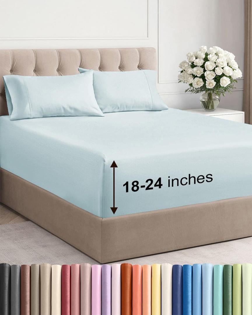 Extra Deep Pocket Full Sheets - 4 Piece Breathable & Cooling Bed Sheets - Hotel Luxury Bed Sheet Set - Soft, Wrinkle Free & Comfy - Easily Fits Extra Deep Mattresses - Deep Pocket Ice Blue Sheets Set