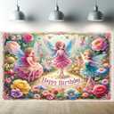 Fairy Happy Birthday Backdrop Banner Enchanted Garden Party Decoration Cute Floral Fairy Tale Banner for Girls Kids Birthday Photography Background Photo Booth 71 x 43 inch