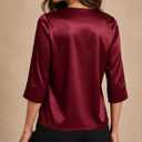 Women Silk Satin Tops 3/4 Length Sleeve Shirts Dressy Casual Blouse V Neck Business Casual Outfits (Red, M)