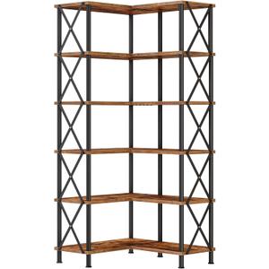 HOOBRO Corner Bookshelf, 6-Tier L-Shaped Bookcase, Industrial Open Display Shelf Tall Storage Organizer, Vertical Storage Rack, for Living Room, Home Office, Rustic Brown and Black