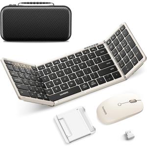 Foldable Keyboard and Mouse, Samsers Folding Bluetooth Keyboard Combo, 2.4G + BT5.0 x 2, Full-Size Portable Travel Keyboard & Rechargeable Wireless Mouse for Windows Android iOS Mac OS, Starlight