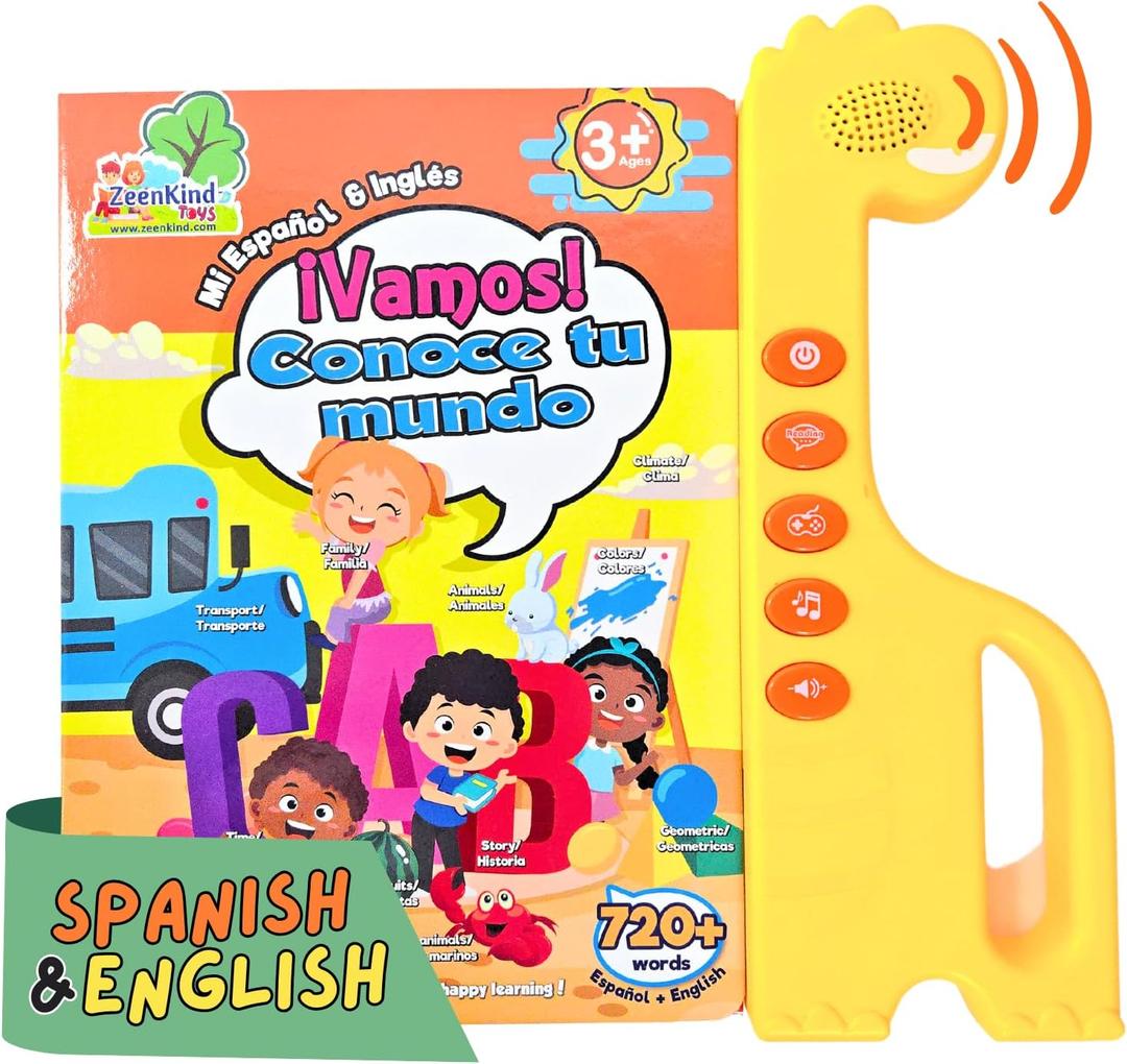 ZEENKIND Spanish English Sound Book for Kids 2 3 4 5 Years Old, 420 Words Audio Talking Book for Toddler, Interactive Toys to Learn Spanish, Bilingual Book Juegos para Nios (Version 1: 23 Pages)