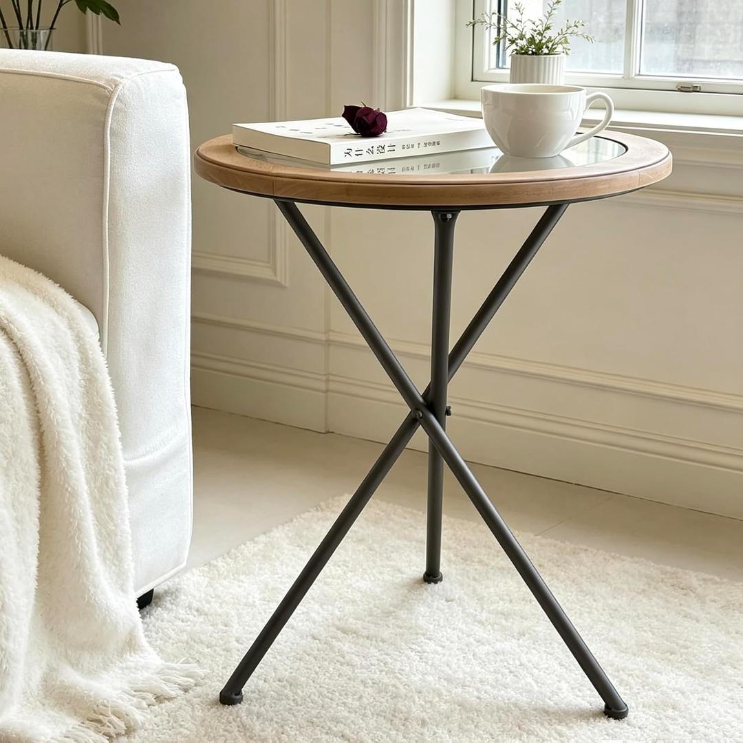 Minimalist Mid-Century Modern Round End Table, Solid Wood Tempered Glass Side Table, Accent Table with Metal Tripod Legs for Living Room, Bedroom, Balcony, Office & Small Spaces (17.22" D x 21.26" H)