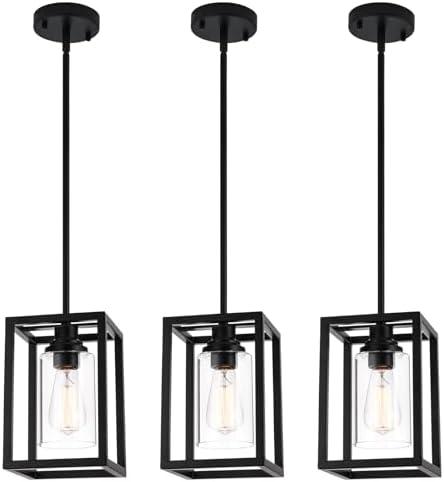 Matte Black Farmhouse Pendant Light Fixtures, Pendant Lights for Kitchen Island, Rectangle Linear Metal Hanging Lighting Fixture Ceiling Mount with Clear Glass Shade E26 Base for Dining Room, 3 Pack