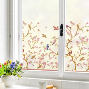 MSUP Window Film Privacy Static Cling Frosted Window Film for Glass Window Anti-UV Window Film Removable No-Glue Film Birds and Flowers Film for Kitchen, Bathroom, Office 17.7'' x 78.7'' Pink