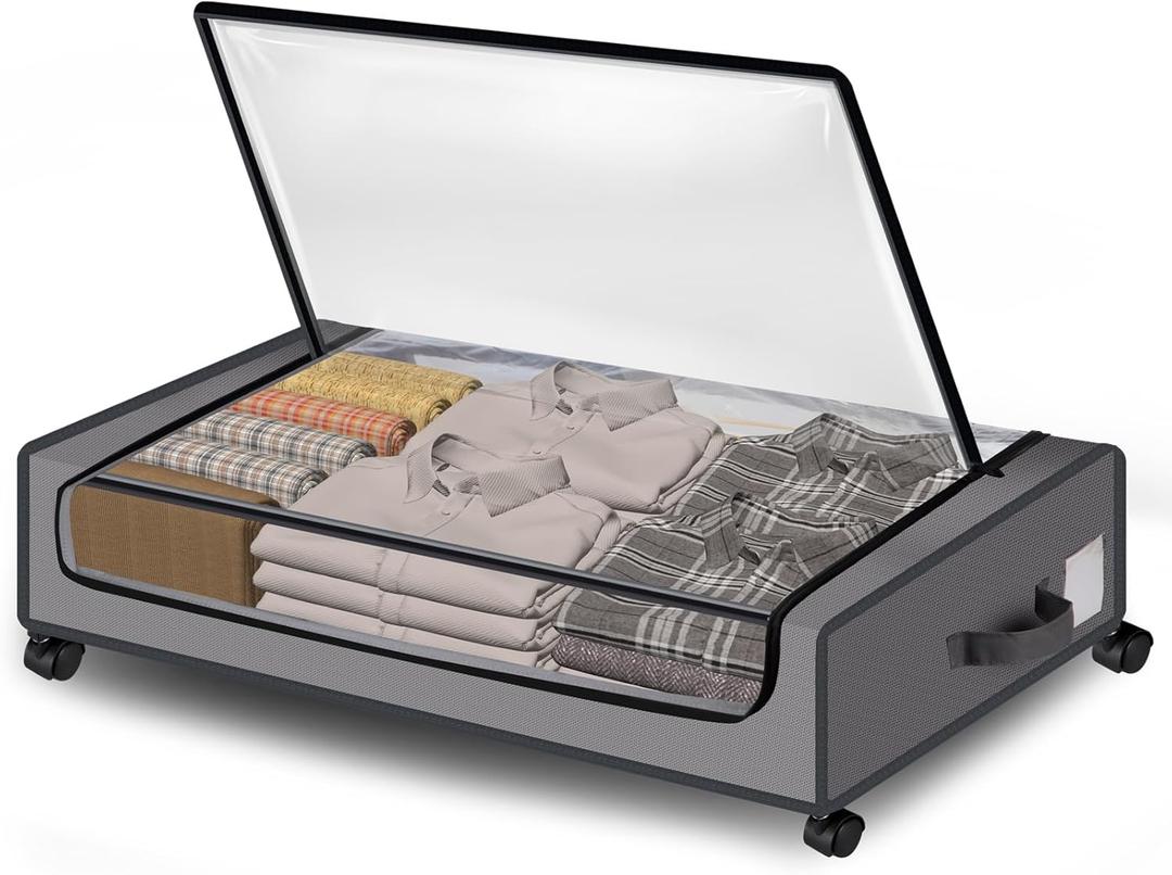 Under Bed Storage with Wheels 1 Pack Under Bed Storage Container with Clear Lid & Handles Rolling Under Bed Metal Drawer Under the Bed Storage Bin for Clothes Shoes Toys Blankets Grey