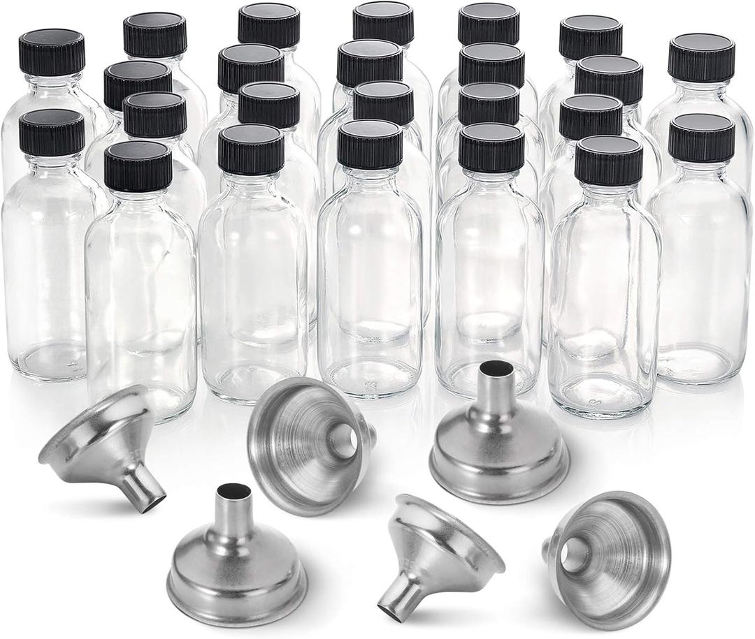 24 Pack, 2 oz Small Clear Glass Bottles w/ Lid & 6 Stainless Steel Funnels - 60ml Boston Sample Bottles - Mini Travel Essential or Decorative Bottles for Potion, Juice, Wellness, Ginger Shots, Whiskey