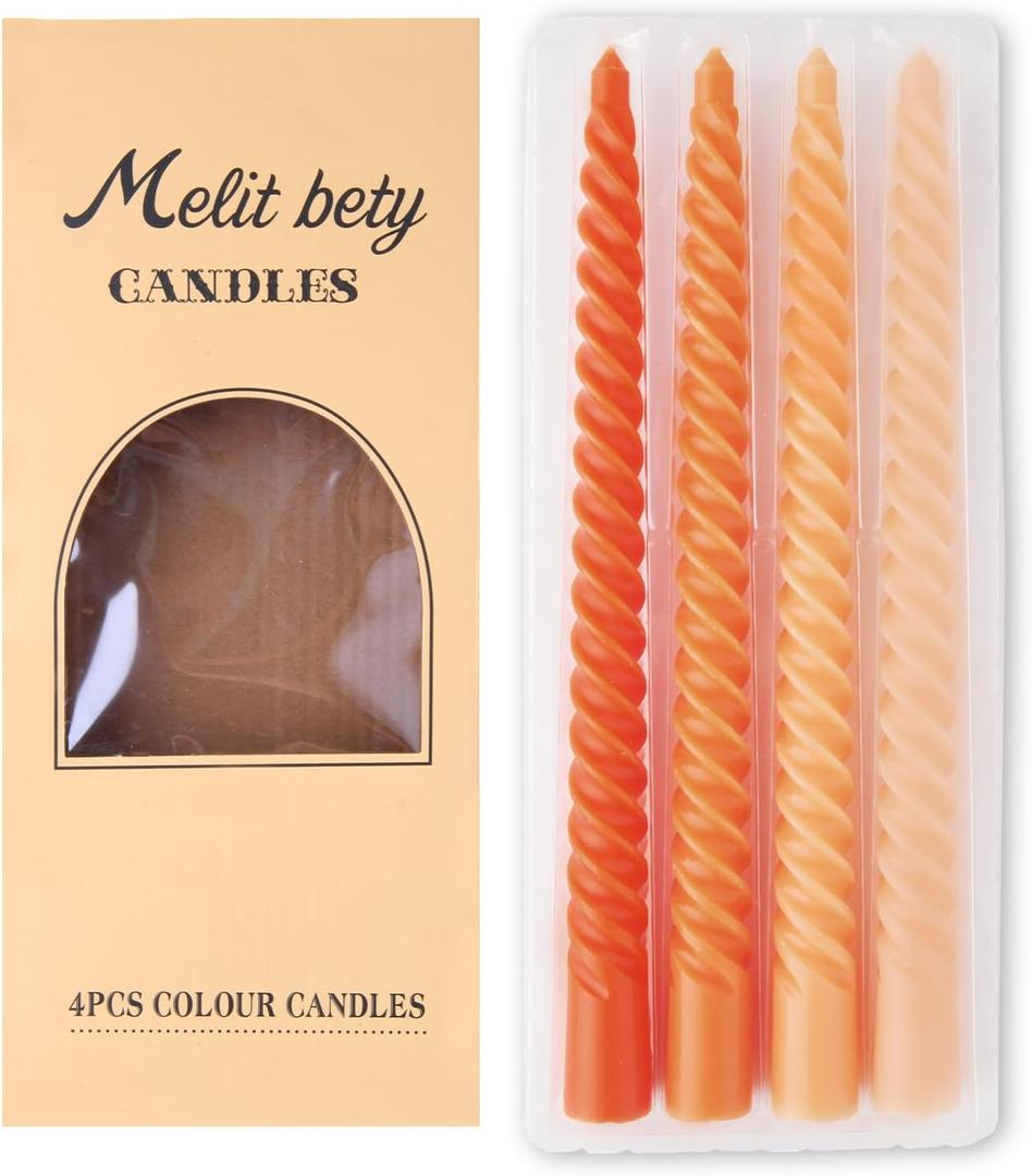 4 Pack Spiral Gradient Taper Candles  Long Pole Unscented Candles, Smokeless & Dripless, Gift Boxed for Wedding, Christmas, Table or Mantle Decor (Orange)