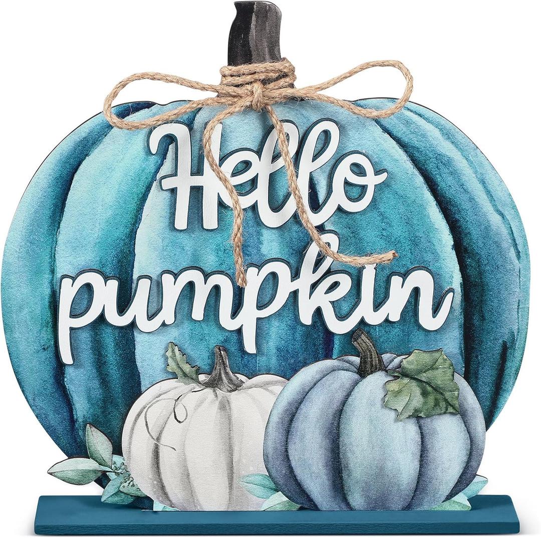 Soaoo Thanksgiving Decoration Wooden Fall Hello Pumpkin Sign Autumn Pumpkin Table Decor 11 Inch Wooden Autumn Desktop Ornament for Thanksgiving Harvest Day Farmhouse Home Living Room Decor(Blue)