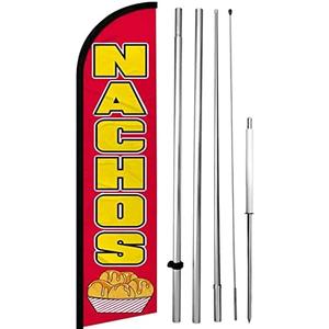 4Less NACHOS Windless Swooper Flag Feather Banner Sign 15 ft Tall Large Pole Spike Kit rf-h, Red