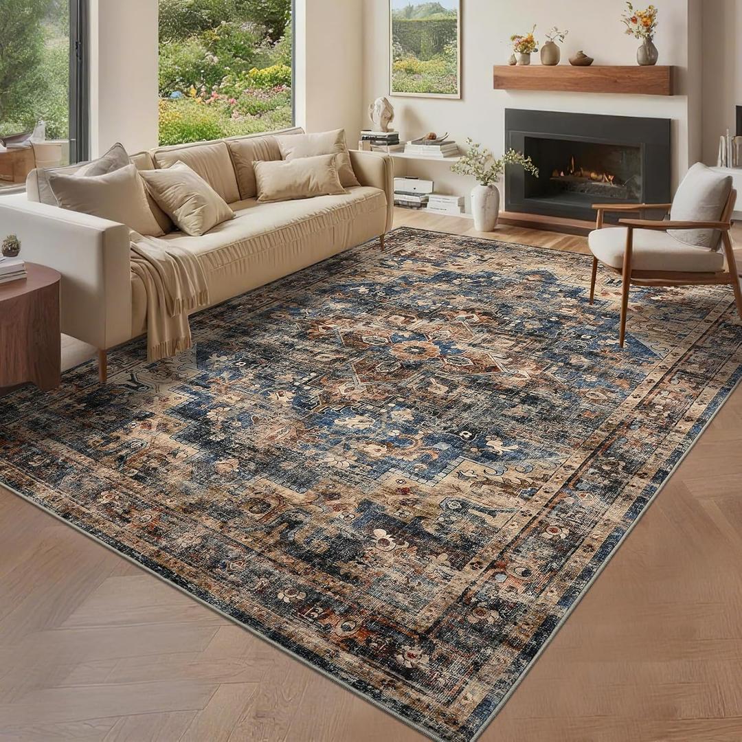 GarveeHome 9x12 Washable Vintage Living Room Area Rug: Vintage Machine Washable Area Rug for Living Room Indoor Large Non-Slip Bedroom Carpet Low Pile Stain Resistant Dining Room Carpet Blue&Brown