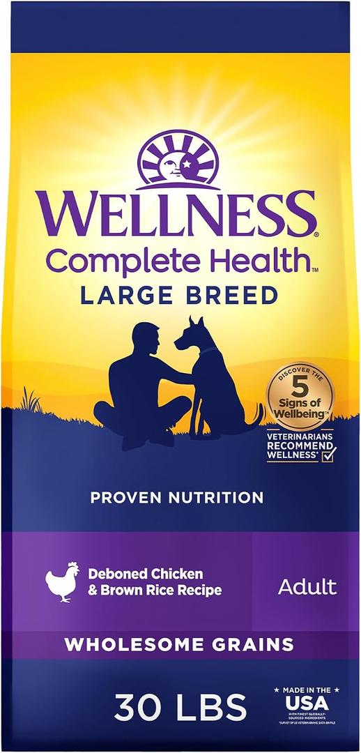 Wellness Complete Health Large Breed Adult Dry Dog Food, Wholesome Grain Kibble, Natural, Chicken and Brown Rice Recipe, 30 lb Bag (EXP 07/23/27)