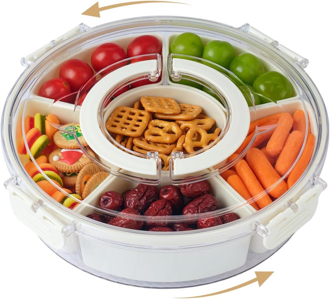 Rotating Divided Serving Tray with Lid and Handle,6-Compartment Round Snackle Box Container,Spinning Snack Box Charcuterie Container,Snack Organizer Fruit Food Platter Veggie Tray for Party Picnic