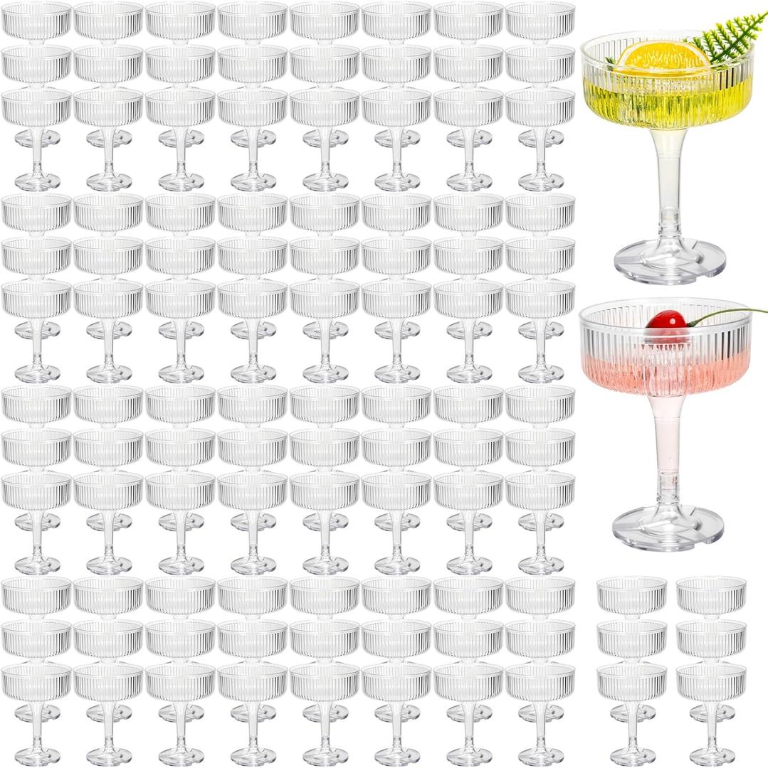 Jingmore 100 Pcs Ribbed Martini Glasses 7 oz Disposable Plastic Vintage Ribbed Coupe Glasses Cocktail Unbreakable Dessert Parfait Glassware for Wedding Birthday Party Supplies (Clear)
