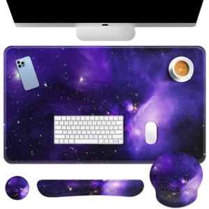 Britimes Space Galaxy Purple Keyboard Mouse Pad Set 4in1 Large Mousepad+Keyboard Wrist Rest+Mouse Wrist Rest+Coaster Ergonomic Design for Home Office Computer 35.4x15.7 inches