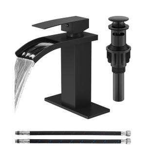 Waterfall Bathroom Faucet 1 Hole, Single Hole Bathroom Faucet, Single Handle Vanity Sink Faucet with Deck Plate, Pop-up Drain & Supply Lines, Matte Black