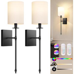 24.5 Inch Black Battery Operated Wall Sconces Set of 2, Rechargeable Wireless Wall Lights with Remote & White Fabric Shade, Indoor Not Hardwired Dimmable Wall Lamps For Bedroom, 2 Bulbs Included