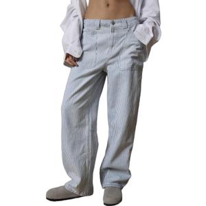 LifeShe Women Striped Baggy Barrel Jean Low Rise Straight Denim Pants Patch Pocket Barrel Trousers (Small, Blue)