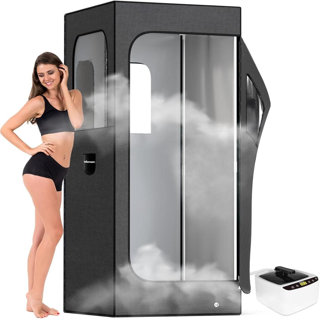 Adamson Full Size Portable Steam Sauna - Indoor Sauna Tent for Home Spa Relaxation - Boost Health and Recovery - 2.6L 1000W Steamer - Chair - Remote - Foot Massager - New - Nylon Black