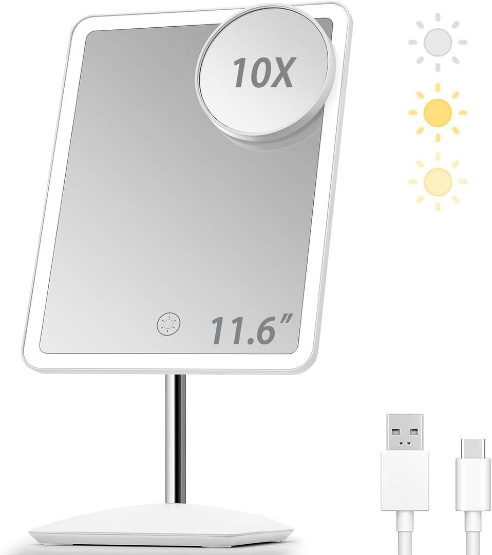 DESCHEN 2000mAh Rechargeable Makeup Vanity Mirror with Lights, 11.6" Large Lighted Makeup Mirror with 3 Color Lights and 3.5" Detachable 10X Magnification, Light Make Up Desk Mirror with Lighting