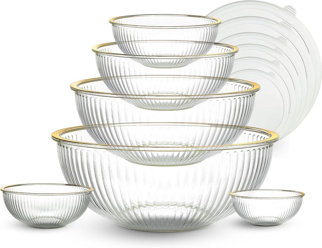 COOK WITH COLOR 12 Pc Glass Mixing Bowl Set with Lids  Borosilicate Glass Nesting Bowls for Cooking, Baking and Meal Prep, Fluted with Gold Rim