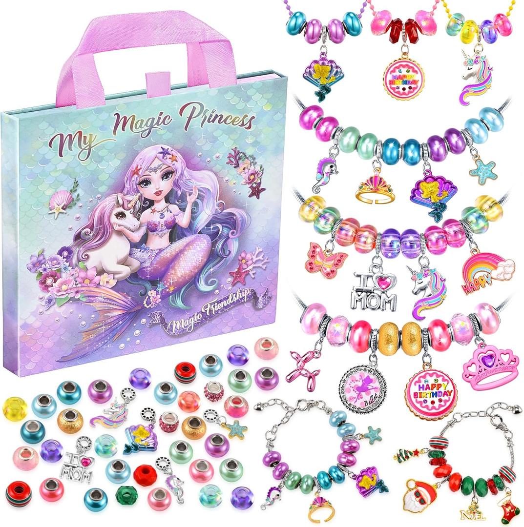 Girls Charm Bracelet Making Kit: Mermaid Jewelry Supplies Make Set Charm Bracelets Kits DIY Art Craft Set Girl Toys Age 5 6 7 8 9 10 11 12 Year Old Girl Little Children Creative Birthday Gifts for Kid