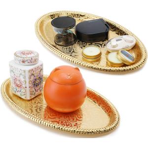 Fermus Set of 2 Oval Metal Tray 11 inches Long Jewelry Dish Cosmetics Organizer Decorative Serving Platter Small Storage Tray Centerpiece for Coffee Table Living Room Kitchen Counter, (2 Pack)
