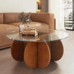 Glass Coffee Tables for Living Room Modern Elegant Round Coffee Table Mid Century Farmhouse Center Table with Solid Wood Frame and Tempered Glass Tabletop, Easy Assembly,31.5'' (Walnut + Transparent)