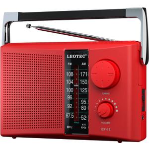 LEOTEC Portable AM FM Radio with Best Reception AC & Battery Operated Big Speaker,Large Tuning Knob,Clear Dial,Earphone Jack for Gift (Red)