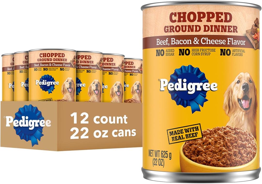 Pedigree Chopped Ground Dinner Adult Canned Soft Wet Dog Food, Beef Bacon & Cheese Flavor, 22 oz. Cans (12 Count, Pack of 1) (EXP 08/13/27)