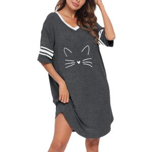 Sleep Shirts for Women Short Sleeve Cotton Novelty Night Shirts V Neck Oversized Nightgowns Cute Printed Nightdress (Gray, XXL)