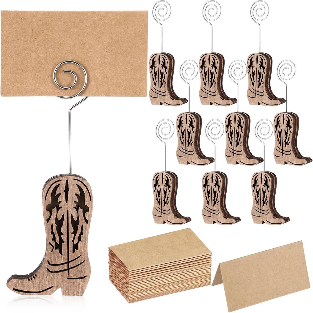 Havawish 10 Pcs Wood Cowboy Boot Place Card Holders and 10 Pcs Kraft Table Place Cards Cowboy Boots Table Number Holders Photo Holder Menu Memo Clips Cowboy Boot Decorations for Wedding Party Favors (Brown)