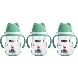 Oberni Tritan Sippy Cup, 270ml/9oz Baby Water Drinking Bottle with Removable Handle and Strap, Leak-Proof Training Cup for 12M+/1 Years+ Toddlers, Green/Pack of 3, 3.03 inches x 5.98 inches