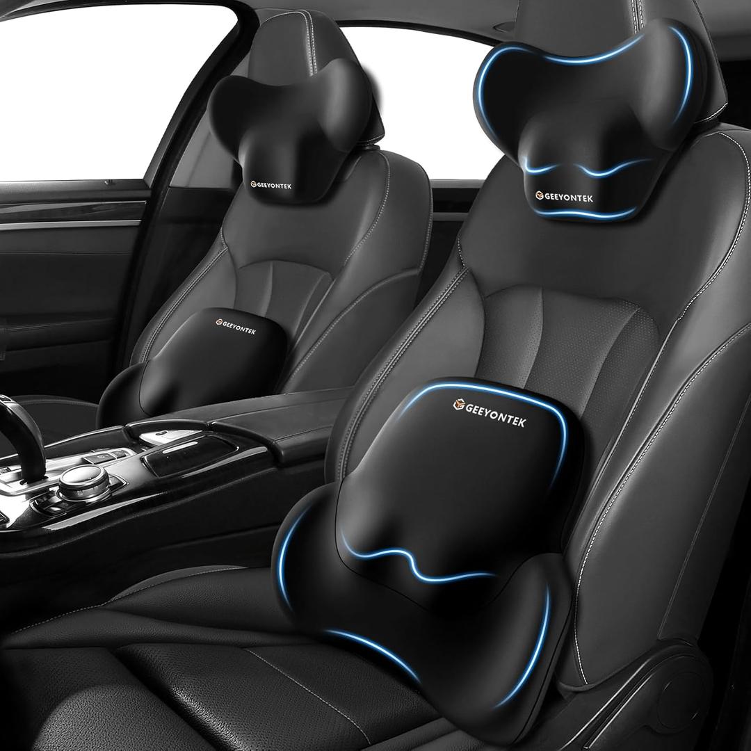 Car Seat Lumbar Support Pillow & Neck Pillow Back Sciatica Tailbone Pain Relief Car Pillow Ergonomic Memory Foam Back Support for Driving Seat, Office Chair, Wheelchair-2pcs, Black (Elastic Polyester Blend (2-piece Suit))