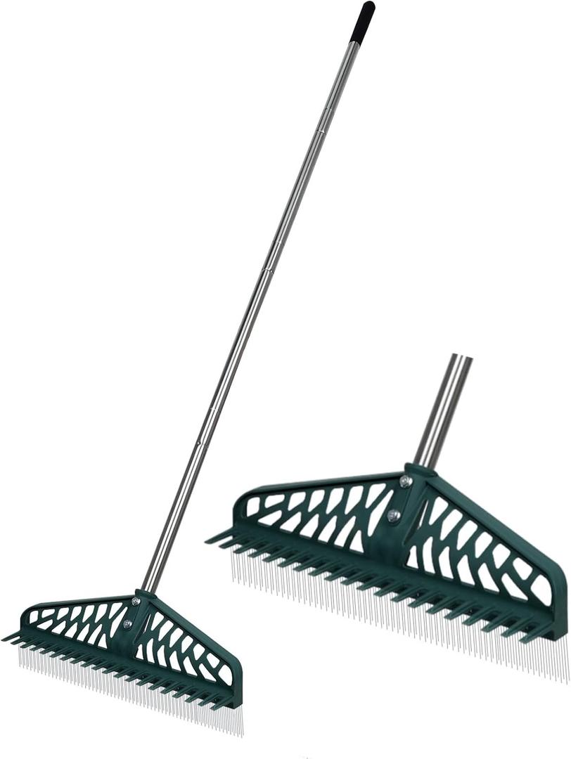Artificial Rake, Double Sided Garden Hand Broom Rake Stainless Steel Long Pole Leaves Rake16 inch Wide for Garden Grass Clean Lawn Artificial Turf Patios Carpets Pet Hairs Cleaner