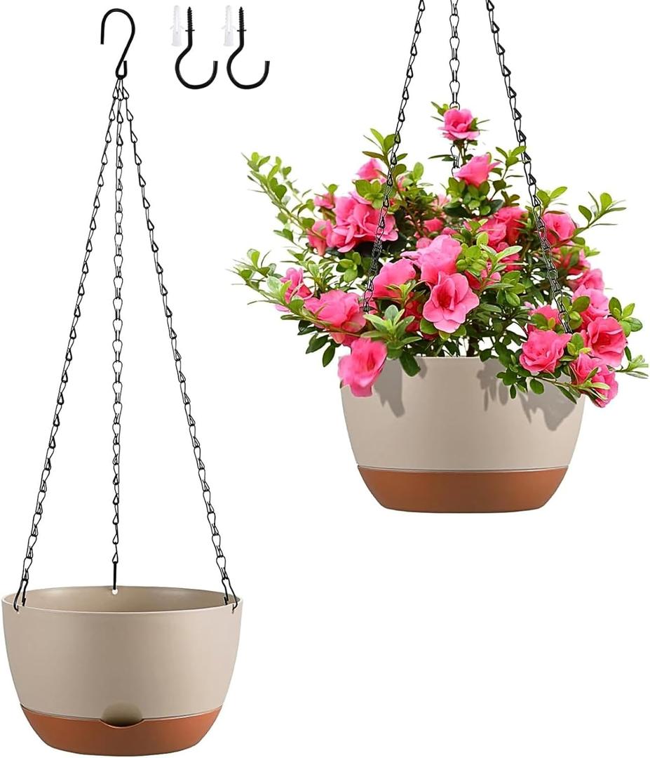 Set of 2 Hanging Planters for Indoor Outdoor Plants, 10 Inch Self-Watering Hanging Flower Pots with Drainage Hole & Removable Water-Storage Tray (Hooks)